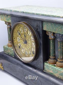 1880 Seth Thomas Adamantine Shelf Mantel Clock Green Black Pillars Lions Antique
