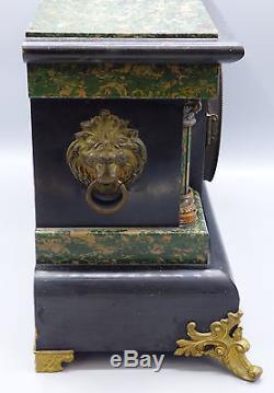 1880 Seth Thomas Adamantine Shelf Mantel Clock Green Black Pillars Lions Antique