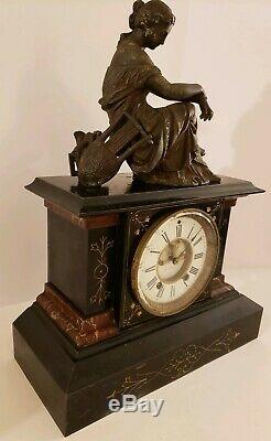 1886 SETH THOMAS Open Escapement Black Iron Mantel Clock withFigural Statue Topper