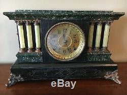 1910 Seth Thomas Mantle Clock 6 Full Column Lion Heads Black Green Adamantine