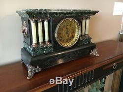 1910 Seth Thomas Mantle Clock 6 Full Column Lion Heads Black Green Adamantine