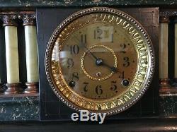 1910 Seth Thomas Mantle Clock 6 Full Column Lion Heads Black Green Adamantine