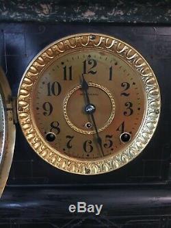 1910 Seth Thomas Mantle Clock 6 Full Column Lion Heads Black Green Adamantine