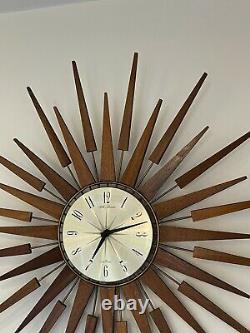 1960s Retro Teak Seth Thomas Sunburst Starburst Wall Clock Mid Century 66.5cm