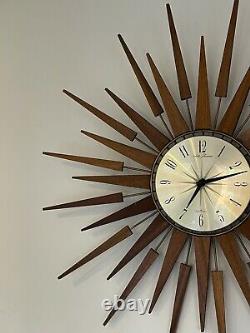 1960s Retro Teak Seth Thomas Sunburst Starburst Wall Clock Mid Century 66.5cm