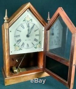 ANTIQUE MANTEL CLOCK cathedral wood SETH THOMAS vintage reverse painted WORKS