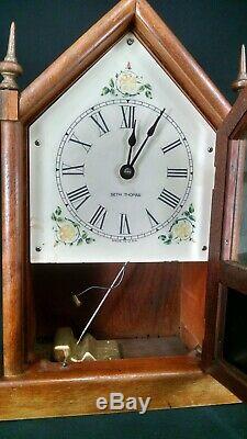 ANTIQUE MANTEL CLOCK cathedral wood SETH THOMAS vintage reverse painted WORKS