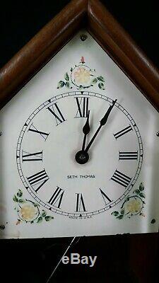 ANTIQUE MANTEL CLOCK cathedral wood SETH THOMAS vintage reverse painted WORKS