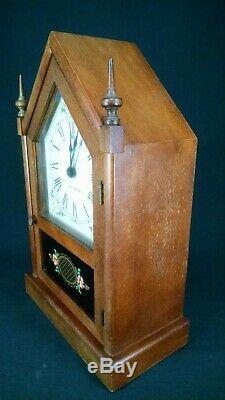 ANTIQUE MANTEL CLOCK cathedral wood SETH THOMAS vintage reverse painted WORKS