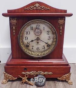 ANTIQUE SETH THOMAS ADAMANTINE ADVANCE MODEL LONG ALARM MANTEL CLOCK c. 1909