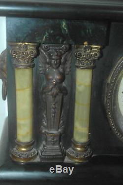 ANTIQUE SETH THOMAS DOUBLE WOMAN COLUMN MANTLE COLCK MARBLE WithKEY WORKING COND