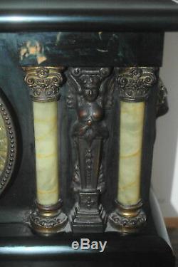 ANTIQUE SETH THOMAS DOUBLE WOMAN COLUMN MANTLE COLCK MARBLE WithKEY WORKING COND