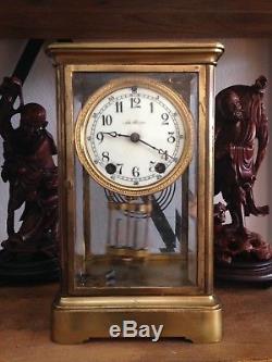 ANTIQUE SETH THOMAS EMPIRE CRYSTAL REGULATOR CLOCK PORCELAIN Face Key RUNs