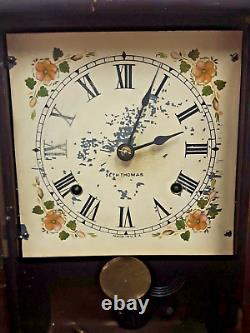 ANTIQUE Seth Thomas Mantel Clock with Door Dark Wood Frame with Winding Key