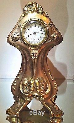 ANTIQUE WORKING Seth Thomas ART NOUVEAU Mantel Clock-Gilt Gold- Floral & Clover