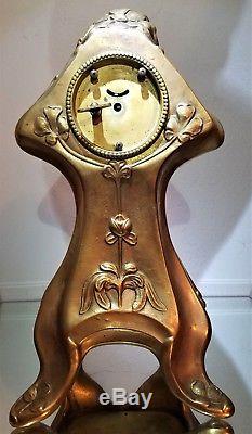 ANTIQUE WORKING Seth Thomas ART NOUVEAU Mantel Clock-Gilt Gold- Floral & Clover