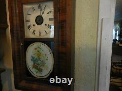 Anique Seth Thomas Weight Driven Ogee Clock with Flowers on Painted Glass 23.5L