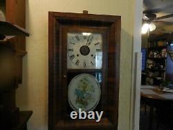 Anique Seth Thomas Weight Driven Ogee Clock with Flowers on Painted Glass 23.5L