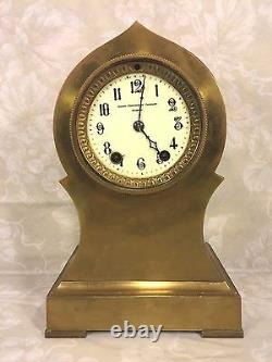 Ant Seth Thomas Brass or Bronze Case Clock Barrel Pendulum Porcelain Face Runs