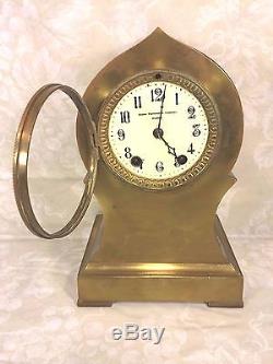 Ant Seth Thomas Brass or Bronze Case Clock Barrel Pendulum Porcelain Face Runs