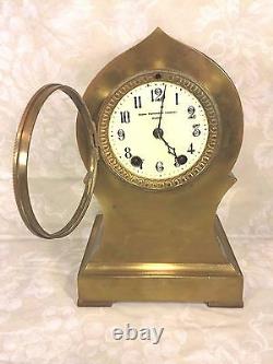 Ant Seth Thomas Brass or Bronze Case Clock Barrel Pendulum Porcelain Face Runs