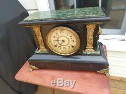 Antique 1880 Seth Thomas #102 Adamantine Mantle Clock Faux Marble Brass Accents