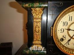 Antique 1880 Seth Thomas #102 Adamantine Mantle Clock Faux Marble Brass Accents