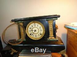 Antique 1880 Seth Thomas #102 Adamantine Mantle Clock Faux Marble Brass Accents