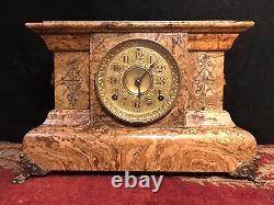 Antique 1880's Seth Thomas Adamantine Faux Marbled Mantel Clock Lion Head No Key