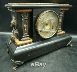 Antique 1893 Set Thomas Adamantine Mantle Clock #102 Lion Pillars Key 3981 (T2)