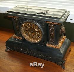 Antique 1893 Set Thomas Adamantine Mantle Clock #102 Lion Pillars with Key
