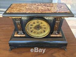 Antique 1893 Seth Thomas Adamantine Black Mantle Clock #102 Lion Pillars Bin$180