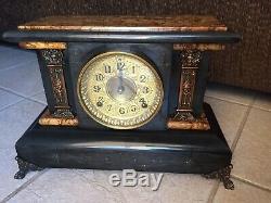 Antique 1893 Seth Thomas Adamantine Black Mantle Clock #102 Lion Pillars Bin$180