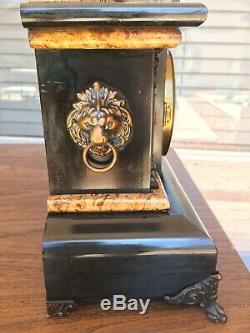 Antique 1893 Seth Thomas Adamantine Black Mantle Clock #102 Lion Pillars Bin$180