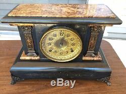 Antique 1893 Seth Thomas Adamantine Black Mantle Clock #102 Lion Pillars Bin$180