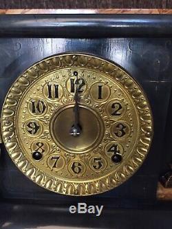 Antique 1893 Seth Thomas Adamantine Black Mantle Clock #102 Lion Pillars Bin$180