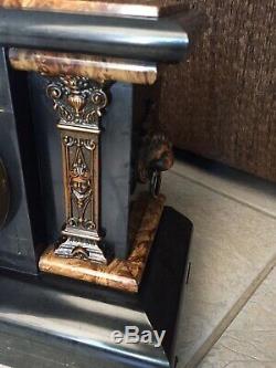 Antique 1893 Seth Thomas Adamantine Black Mantle Clock #102 Lion Pillars Bin$180