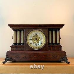 Antique 1905 Seth Thomas Mahogany Adamantine Wood Mantel Clock Celluloid Pillars