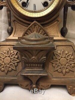 Antique Mitchell Vance Co Seth Thomas Egyptian Revival Gilt Mantle Clock 16 Key