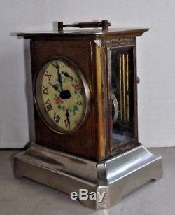 Antique Musical Seth Thomas Carriage Clock Working + Alarm With Key Floral Dial