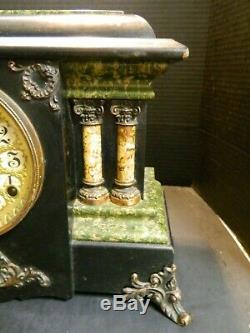 Antique Seth Thomas 4 Column Faux Green Marble Adamantine Mantle Clock Very Good