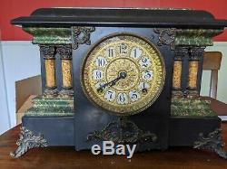 Antique Seth Thomas 4 Column Green Black Adamantine Mantle Clock RARE 1900