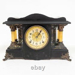 Antique Seth Thomas 4 Full Pillar Black Marbled Adamantine Shasta Mantle Clock