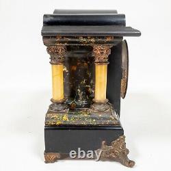 Antique Seth Thomas 4 Full Pillar Black Marbled Adamantine Shasta Mantle Clock