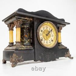 Antique Seth Thomas 4 Full Pillar Black Marbled Adamantine Shasta Mantle Clock