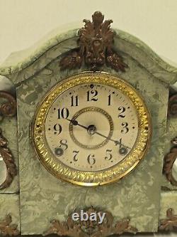 Antique Seth Thomas Adamantime No 102A Green Mareblite Wood & Brass Mantel Clock