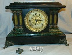 Antique Seth Thomas Adamantine Green Faux Marble 4 Column Mantel Clock with Pend