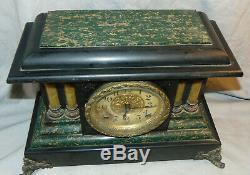 Antique Seth Thomas Adamantine Green Faux Marble 4 Column Mantel Clock with Pend