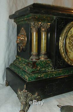 Antique Seth Thomas Adamantine Green Faux Marble 4 Column Mantel Clock with Pend