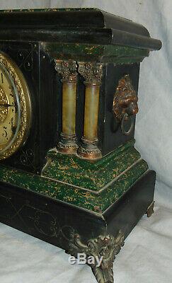 Antique Seth Thomas Adamantine Green Faux Marble 4 Column Mantel Clock with Pend